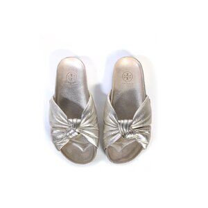 Tory Burch Sandals Size 7 Platinum Gold Puffy Knotted Anatomic Slide